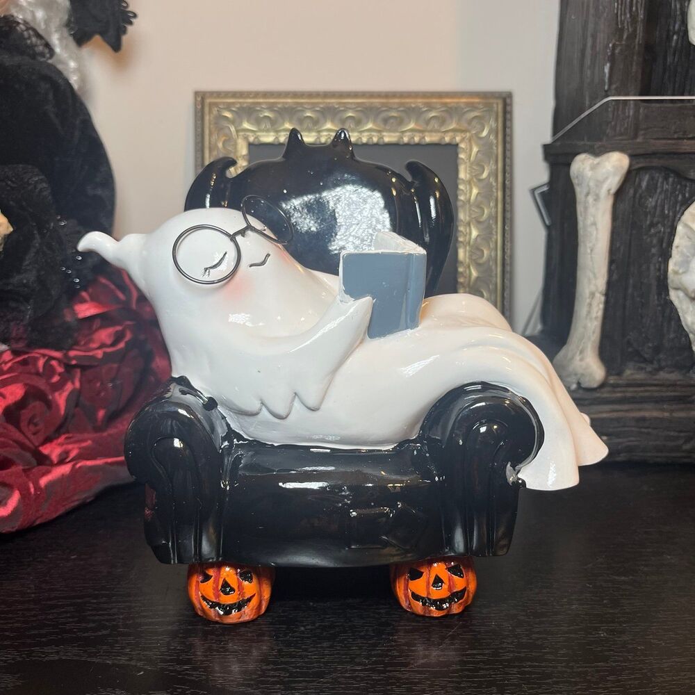 Halloween Ghost with Glasses Reading Book on Pumpkin Couch Figurine Decor